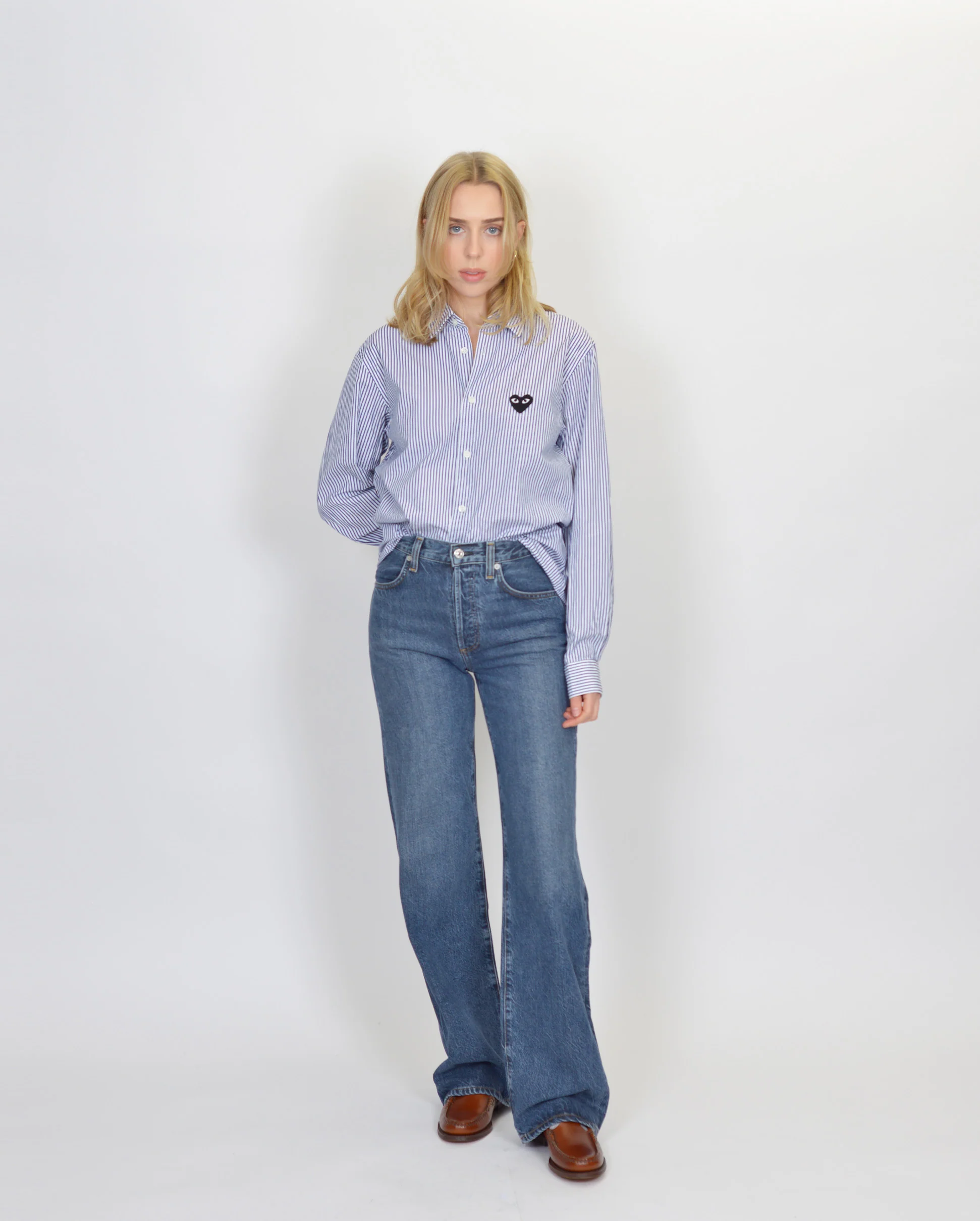 B018 UNISEX BLACK HEART SHIRT / BLUE WHITE STRIPE - Image 6