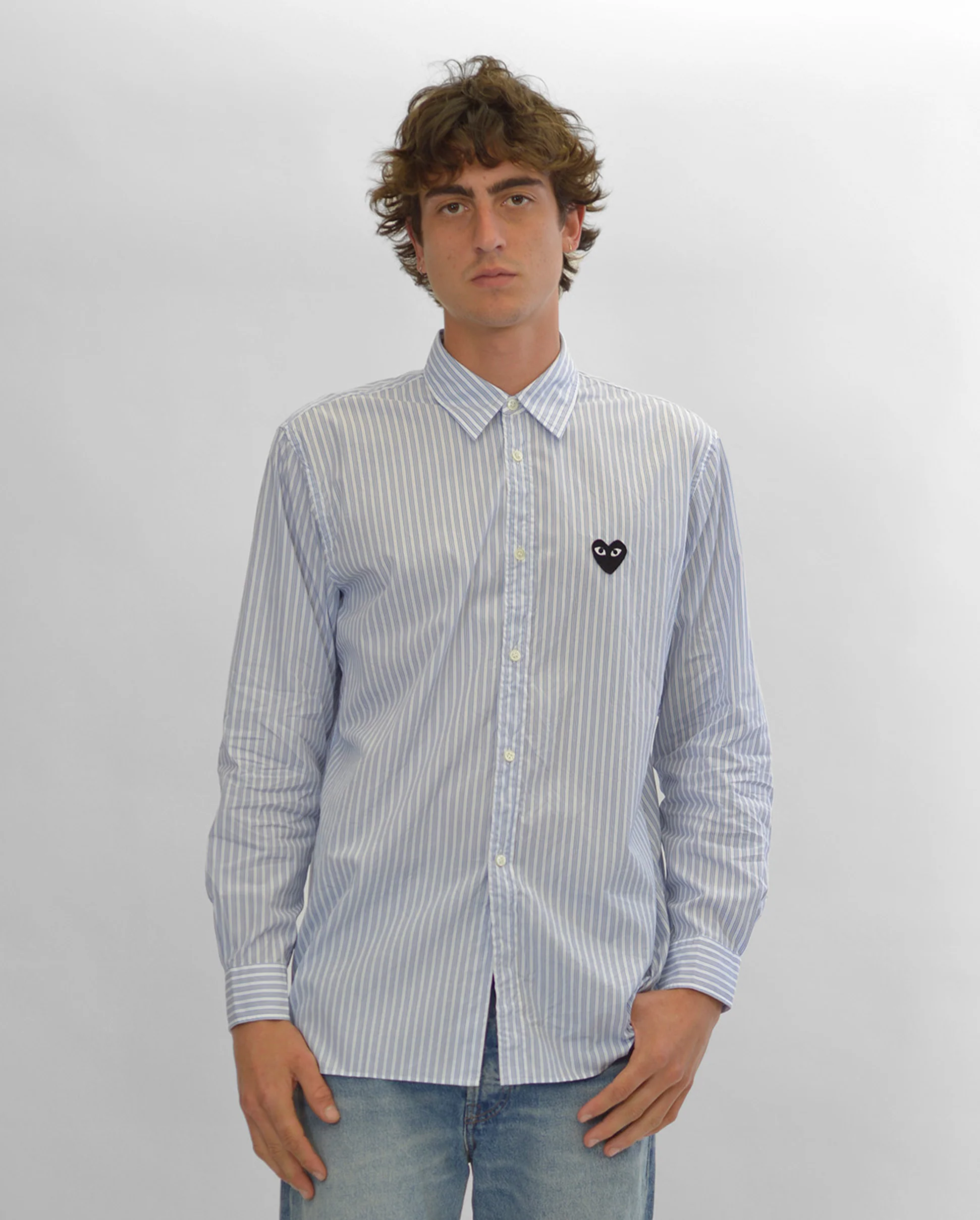 B020 UNISEX BLACK HEART STRIPE SHIRT / BLUE BLACK STRIPE - Image 2