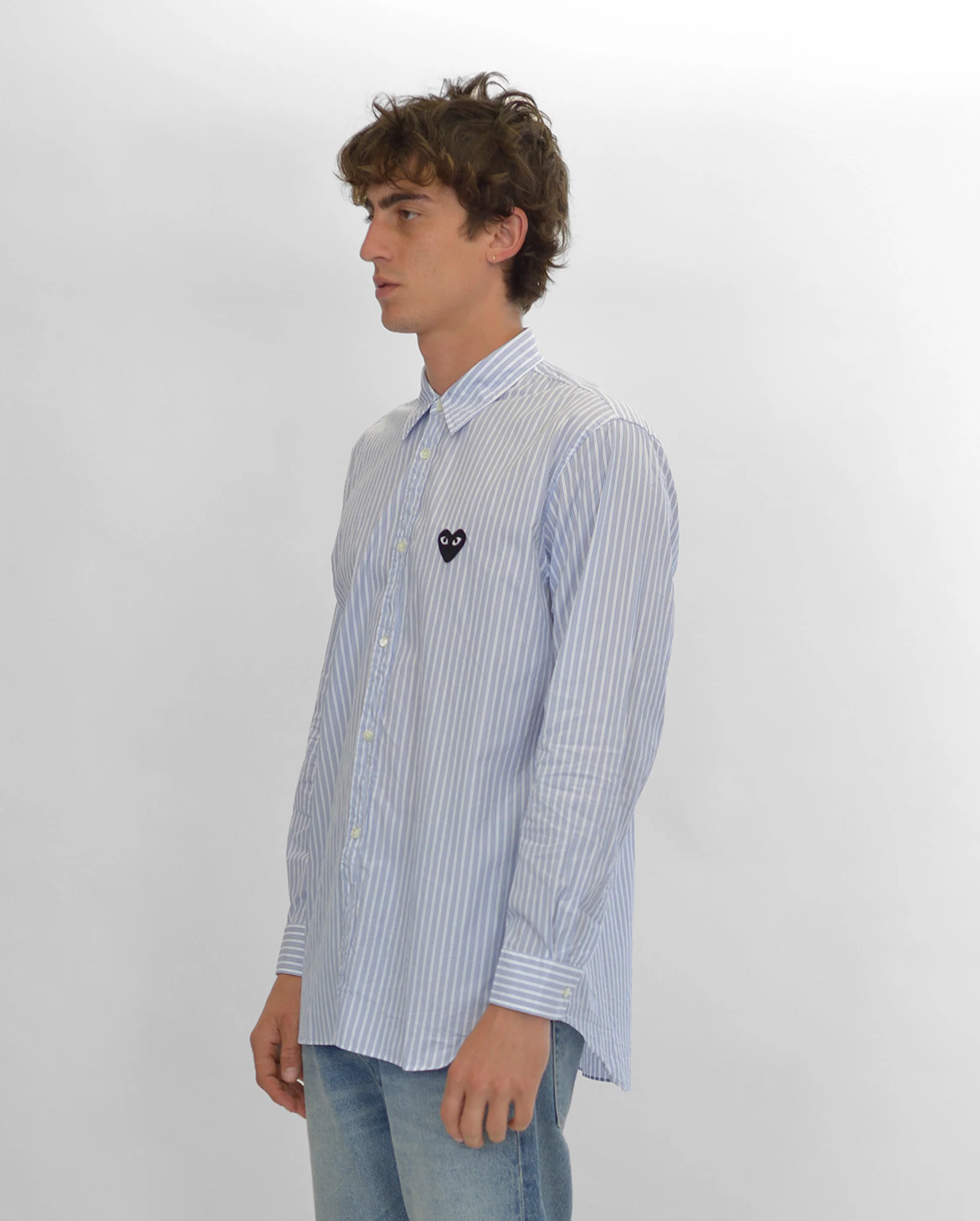 B020 UNISEX BLACK HEART STRIPE SHIRT / BLUE BLACK STRIPE - Image 3