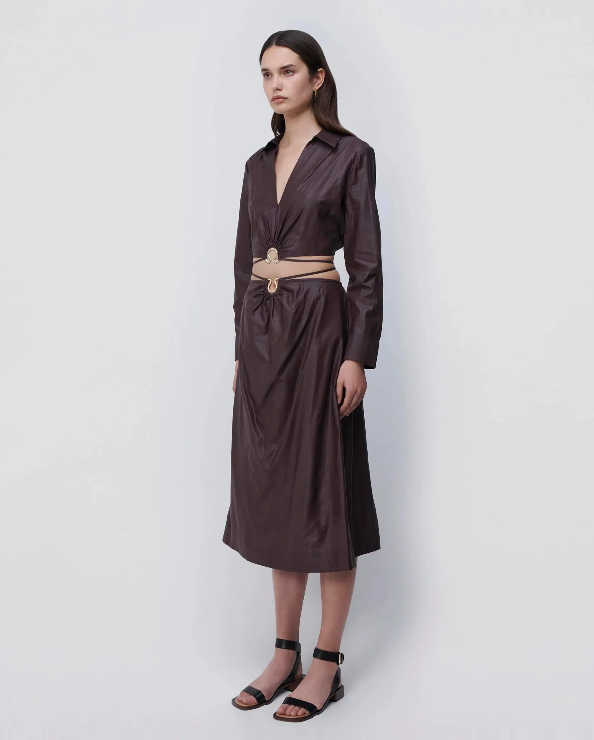 BRESLIN COATED SATIN CROP TOP / DARK CHOCOLATE - Image 4