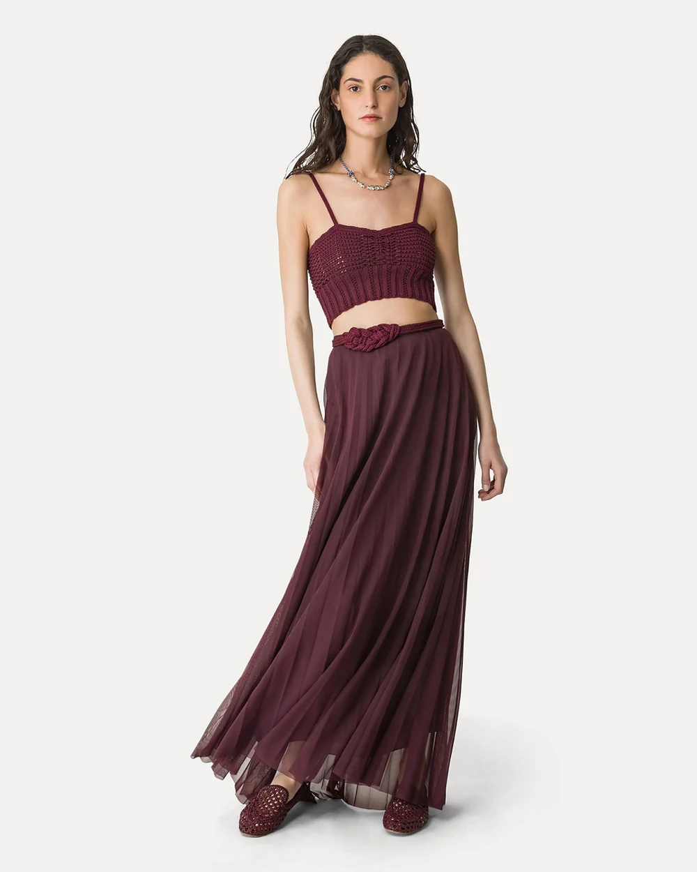 CHIC TULLE PLISSE' MIDI SKIRT WITH UNDERSKIRT / RUBY - Image 4
