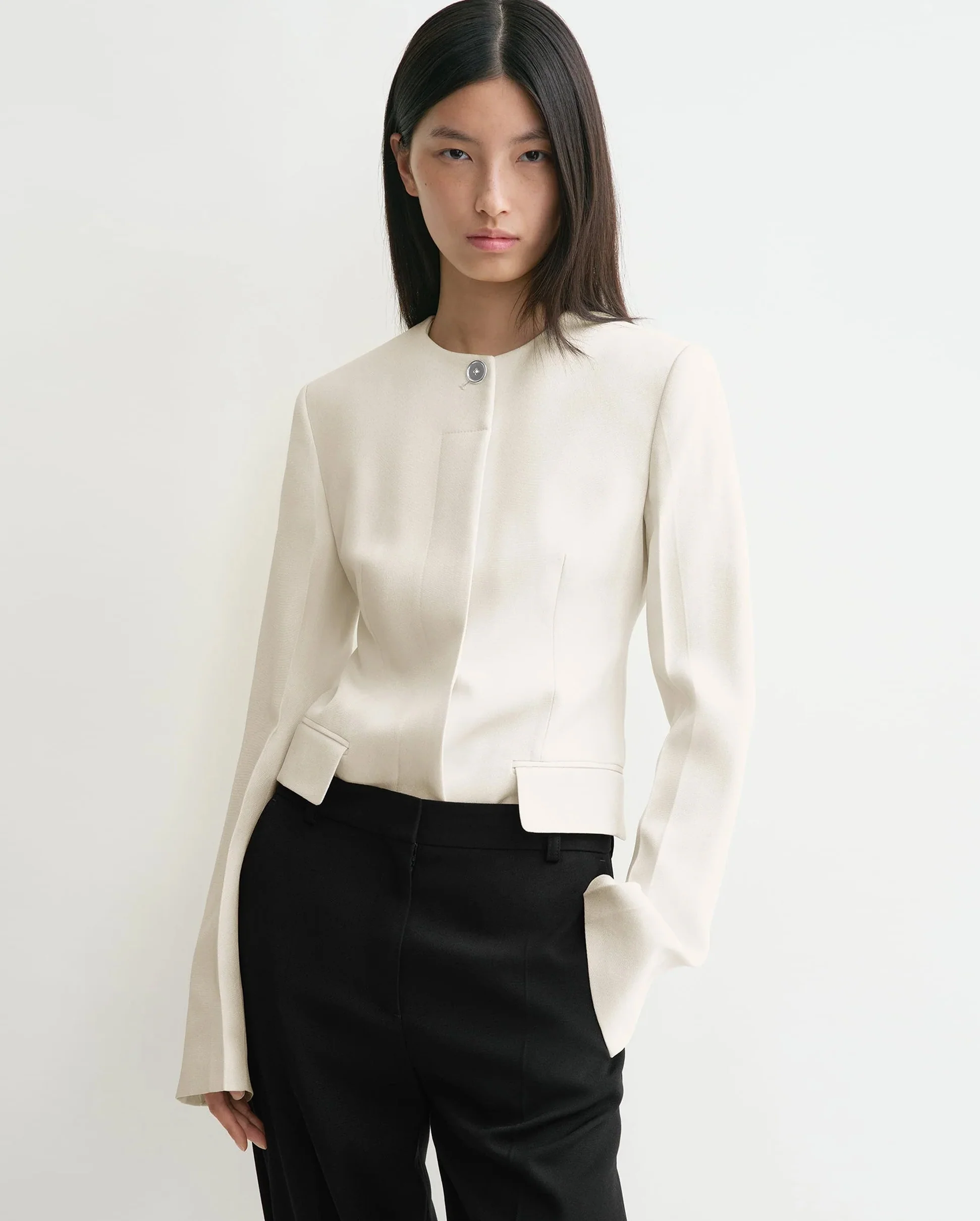 COLLARLESS CINCHED JACKET / ECRU - Image 4
