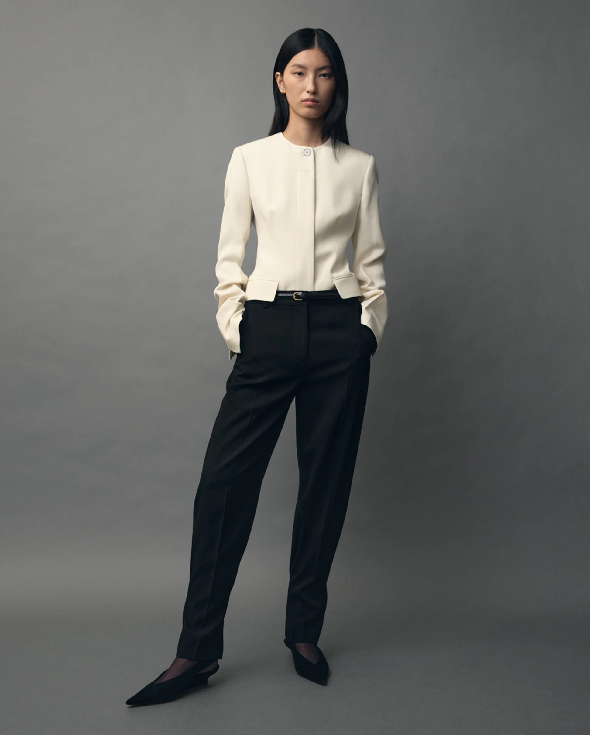 COLLARLESS CINCHED JACKET / ECRU - Image 5
