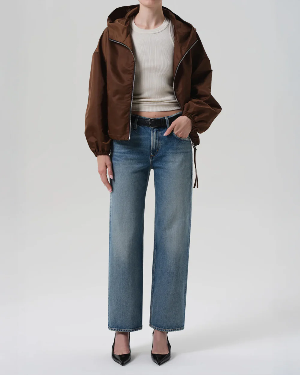 CROPPED NYLON WINDBREAKER / BROWN - Image 5