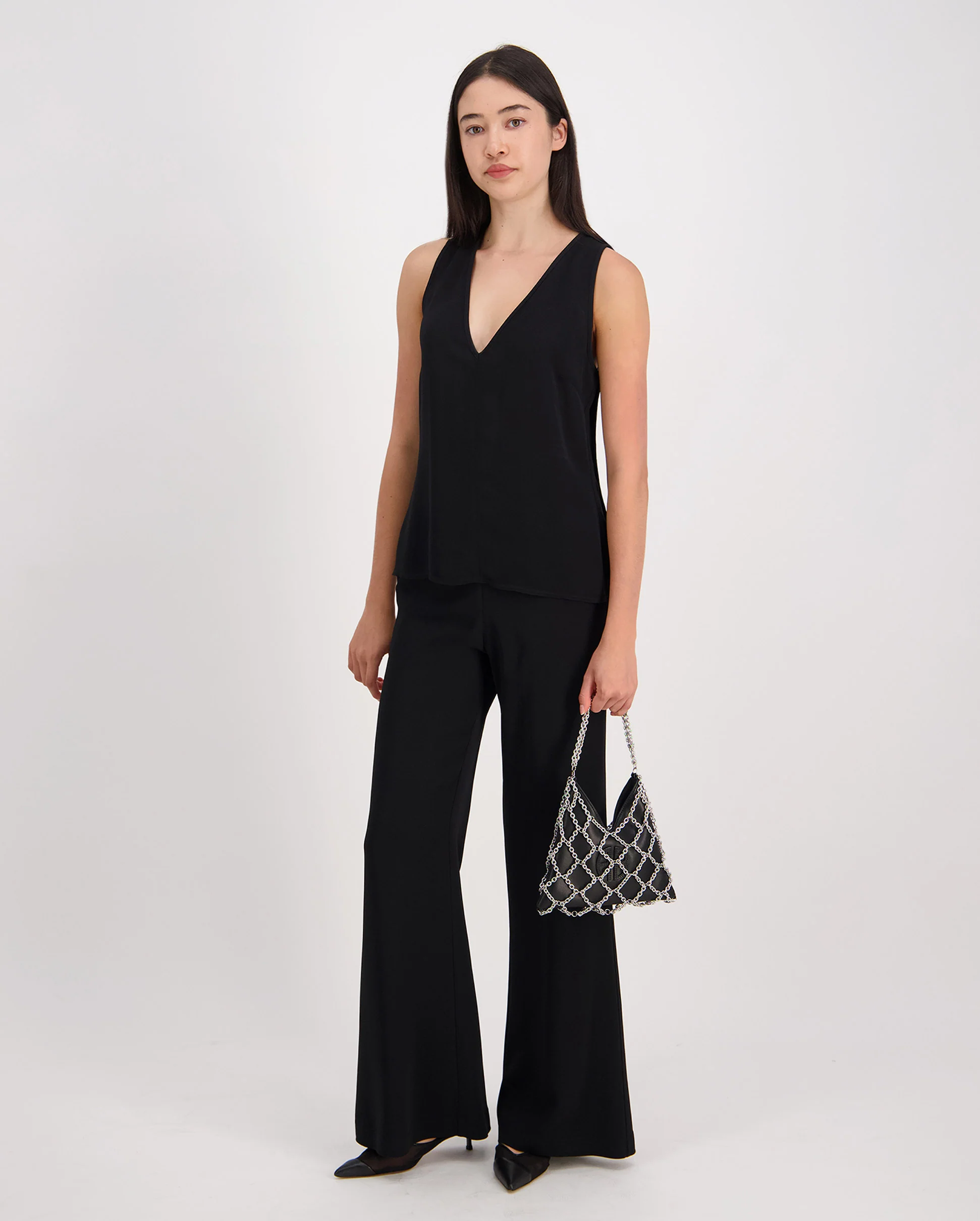 DOUBLE GEORGETTE V NECK TOP / NERO - Image 6