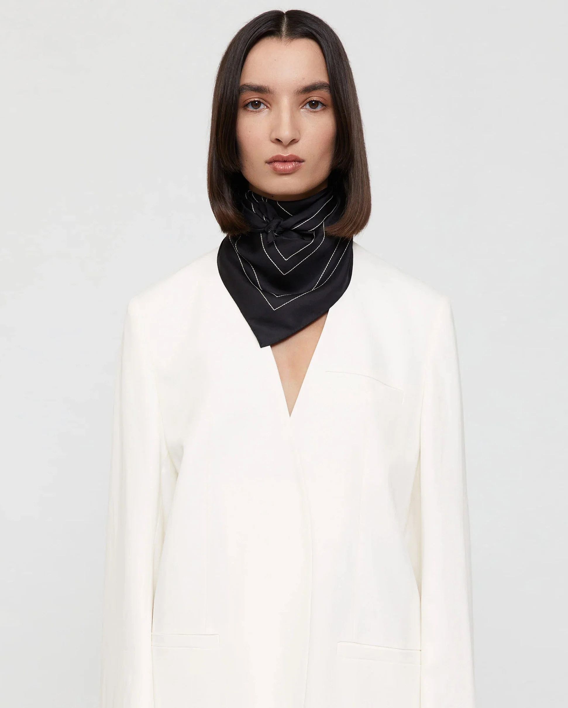 EMBROIDERED MONOGRAM SILK SCARF / BLACK CREME - Image 6