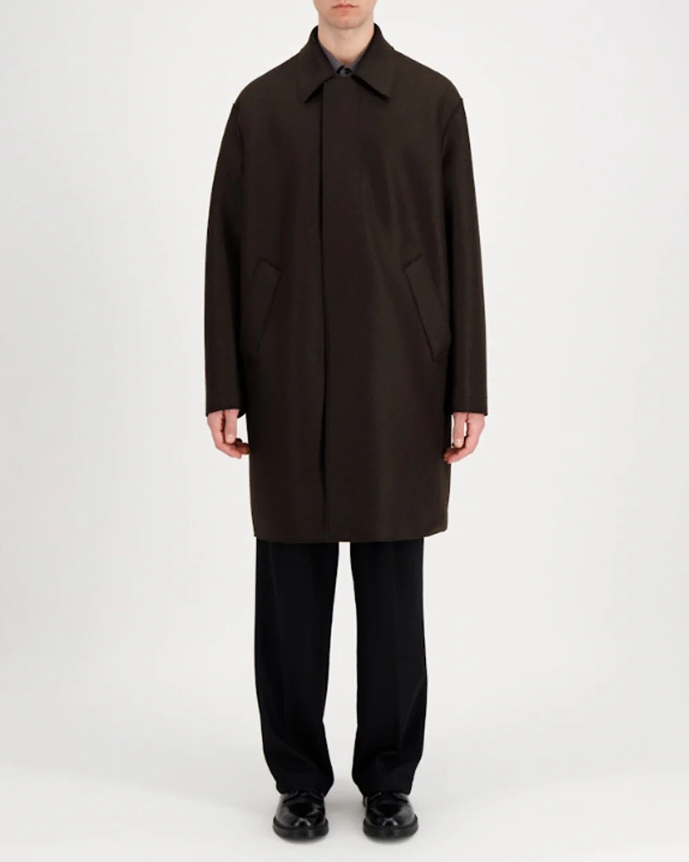 FLY FRONT COAT PRESSED WOOL / DARK BROWN