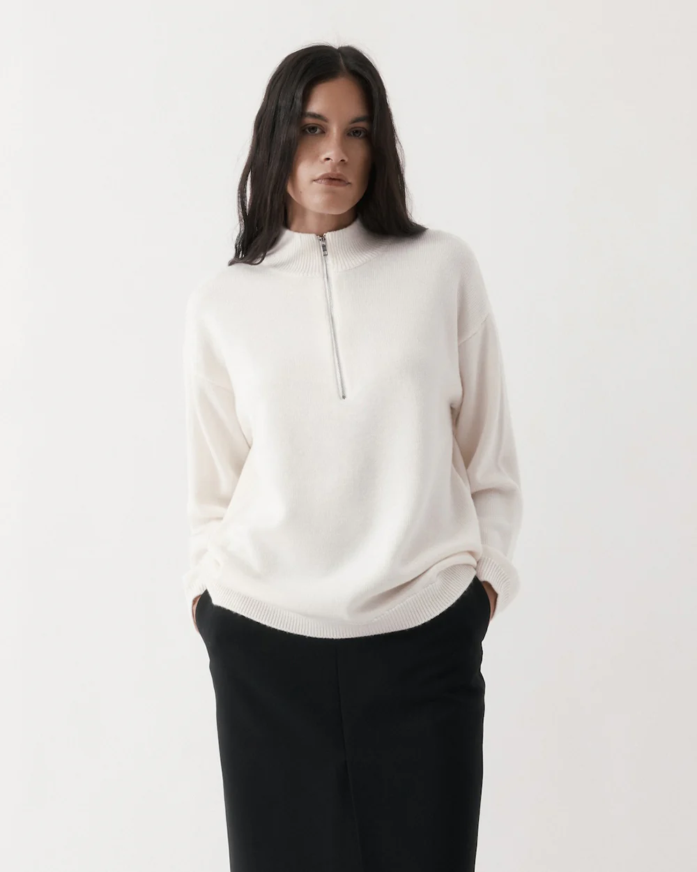 HALF-ZIP KNIT SWEATER / IVORY
