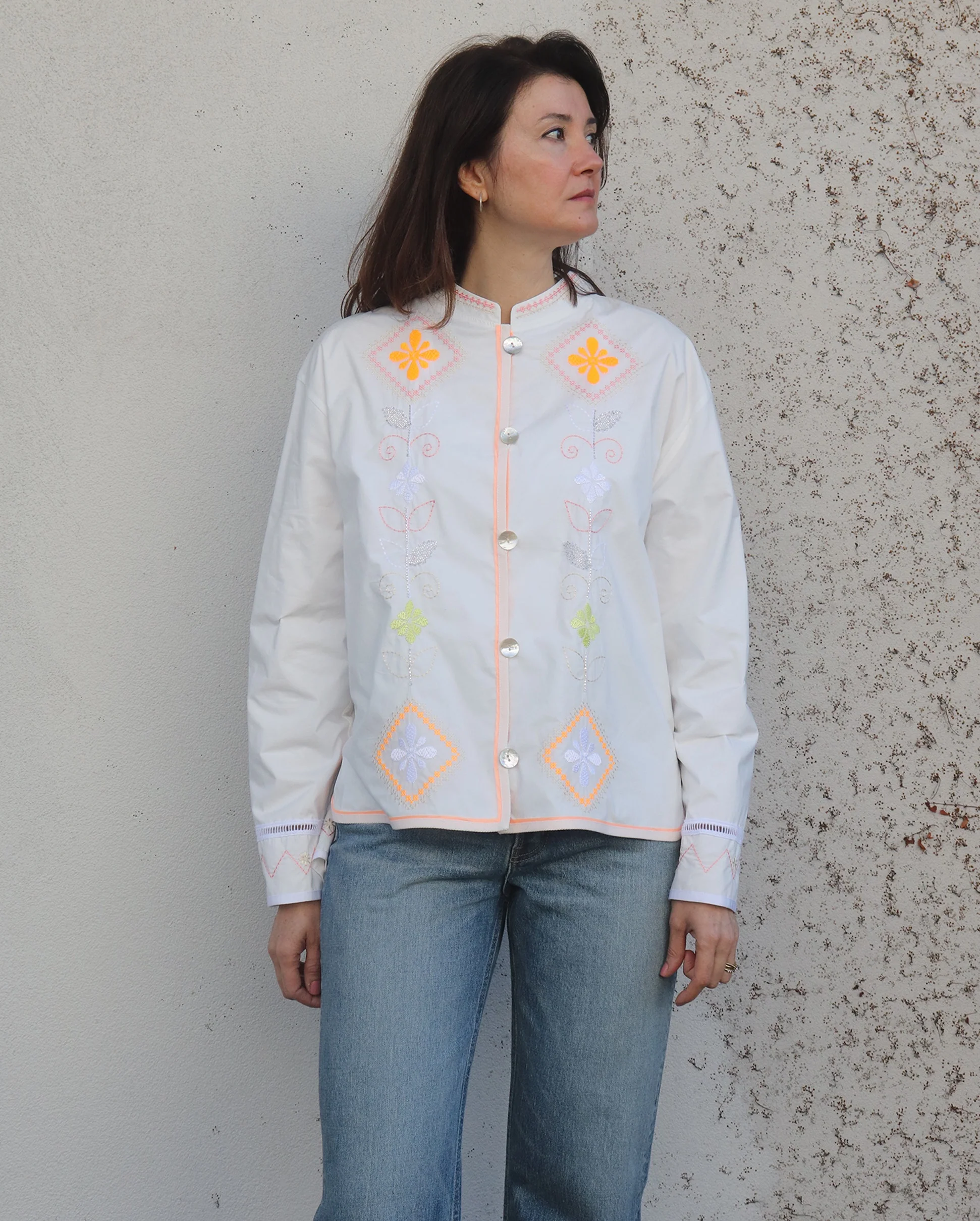 ONIRIC BLOSSOM EMBROIDERY POPLIN JACKET SHIRT / BIANCO - Image 2