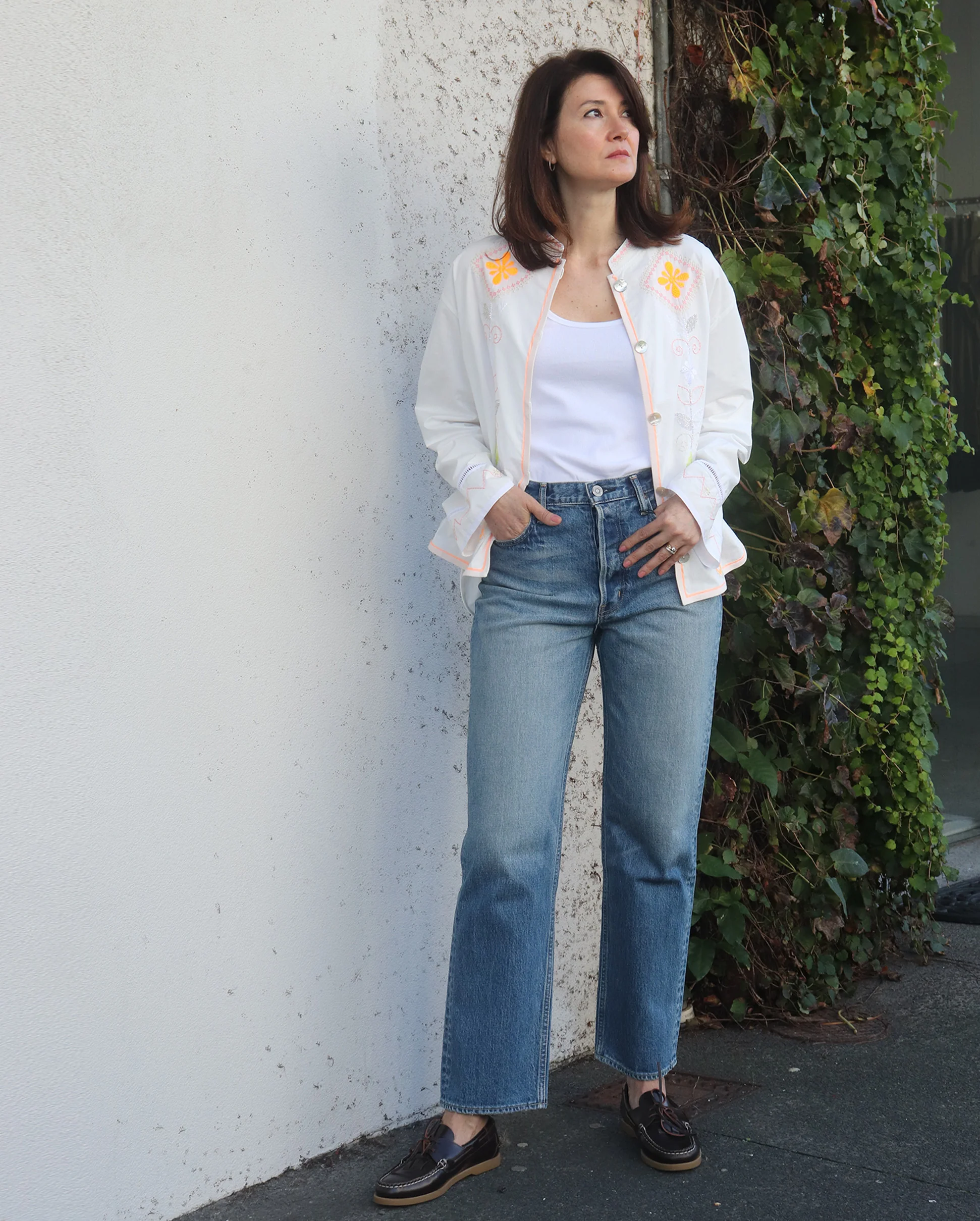 ONIRIC BLOSSOM EMBROIDERY POPLIN JACKET SHIRT / BIANCO - Image 4